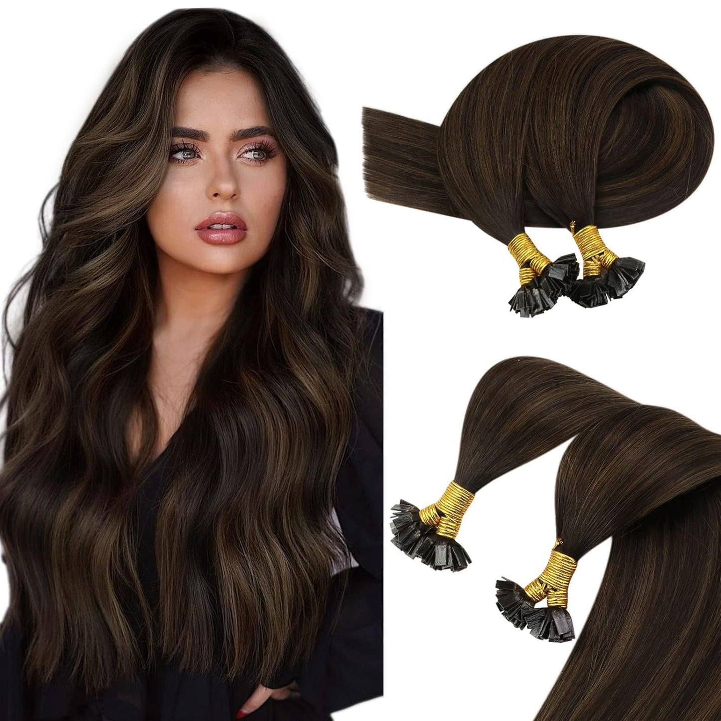 Sunny Hair Flat Tips Extensions Real Human Hair Brown Flat Tip Hair Extensions Ombre Darkest Brown Mixed Medium Brown Balayage H