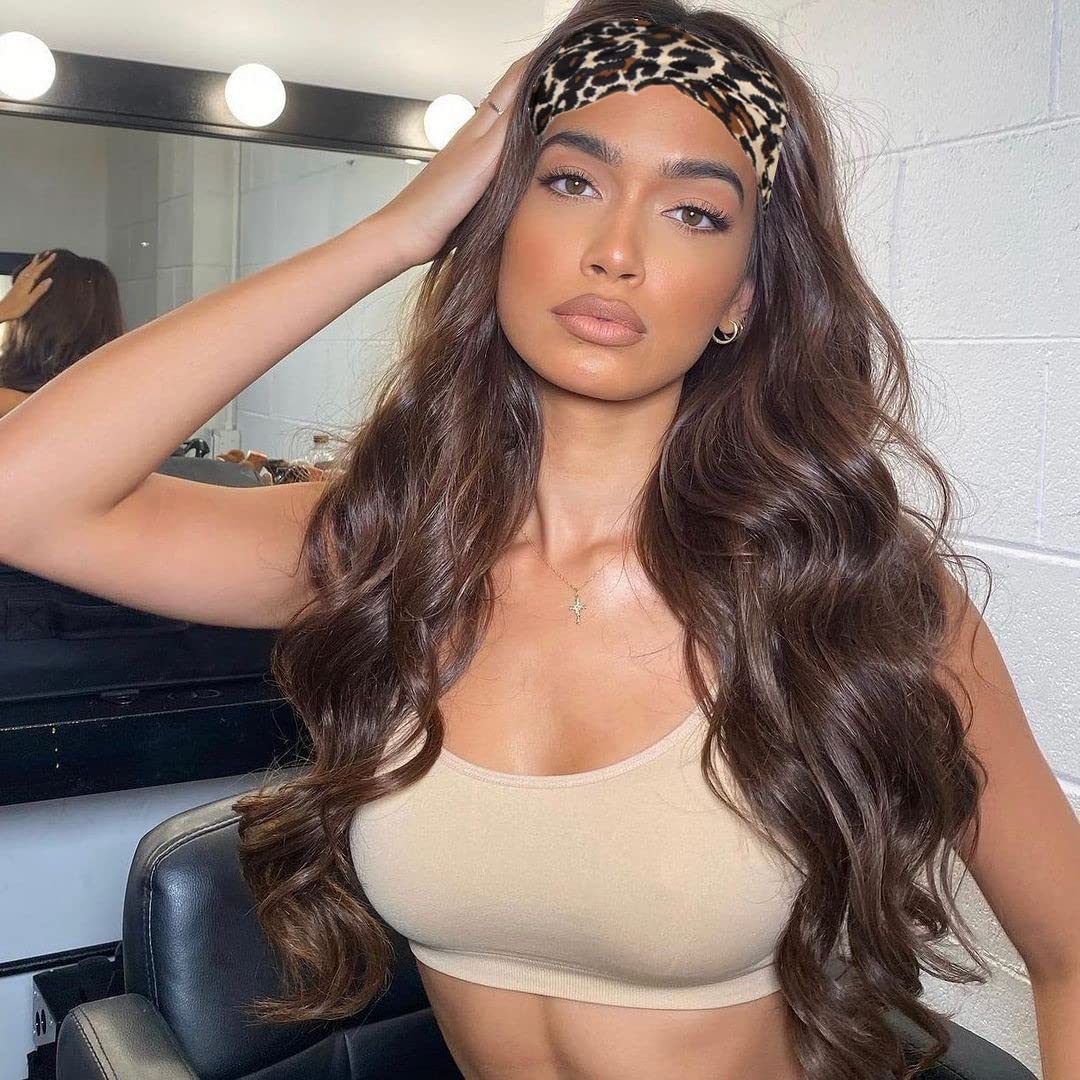 Gdwigs Long Wavy Headband Wig For Black Women Brown Synthetic Headband Wigs 180% Density Body Wave Headband Wig Full Ends Gluele