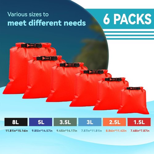 6PCS Waterproof Dry Bags by [Brand Name] - Lightweight Outdoor Storage for Kayaking, Hiking & Camping