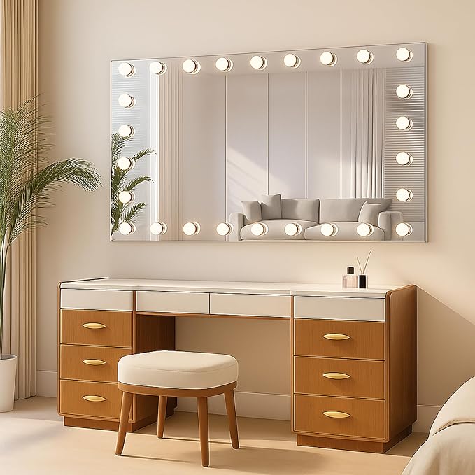 WTTY LED Bathroom Mirror with Lights 60"x36" Hollywood Wall-Mounted Mirror with 3 Color Temperatures, Stepless Dimmable Bulbs, Anti-Fog & Shatter-Proof
