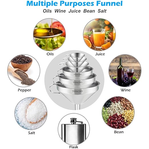 Toncoo 6 Pack Stainless Steel Funnels for Kitchen Use, Food Grade Cooking Funnel with 3 Strainer, Kitchen Funnel Set Metal Funnels for Filling Bottles