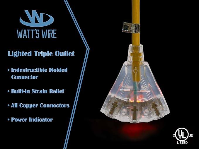25 ft Outdoor Extension Cord Waterproof - 14 Gauge Heavy Duty Extension Cord 25 ft - Lighted Outdoor Extension Cords with Multiple Outlets - Watts Wire - 25' Grounded - extensiones electricas
