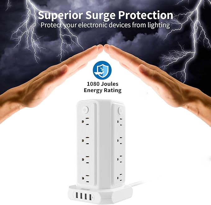 10 FT Extension Cord Power Strip Tower, 16 Widely Outlets 1875W 15A, Flat Plug Surge Protector with 4 USB Ports, Individual Switches, 1080 Joules, Overload Protection for Home Office Desktop, White