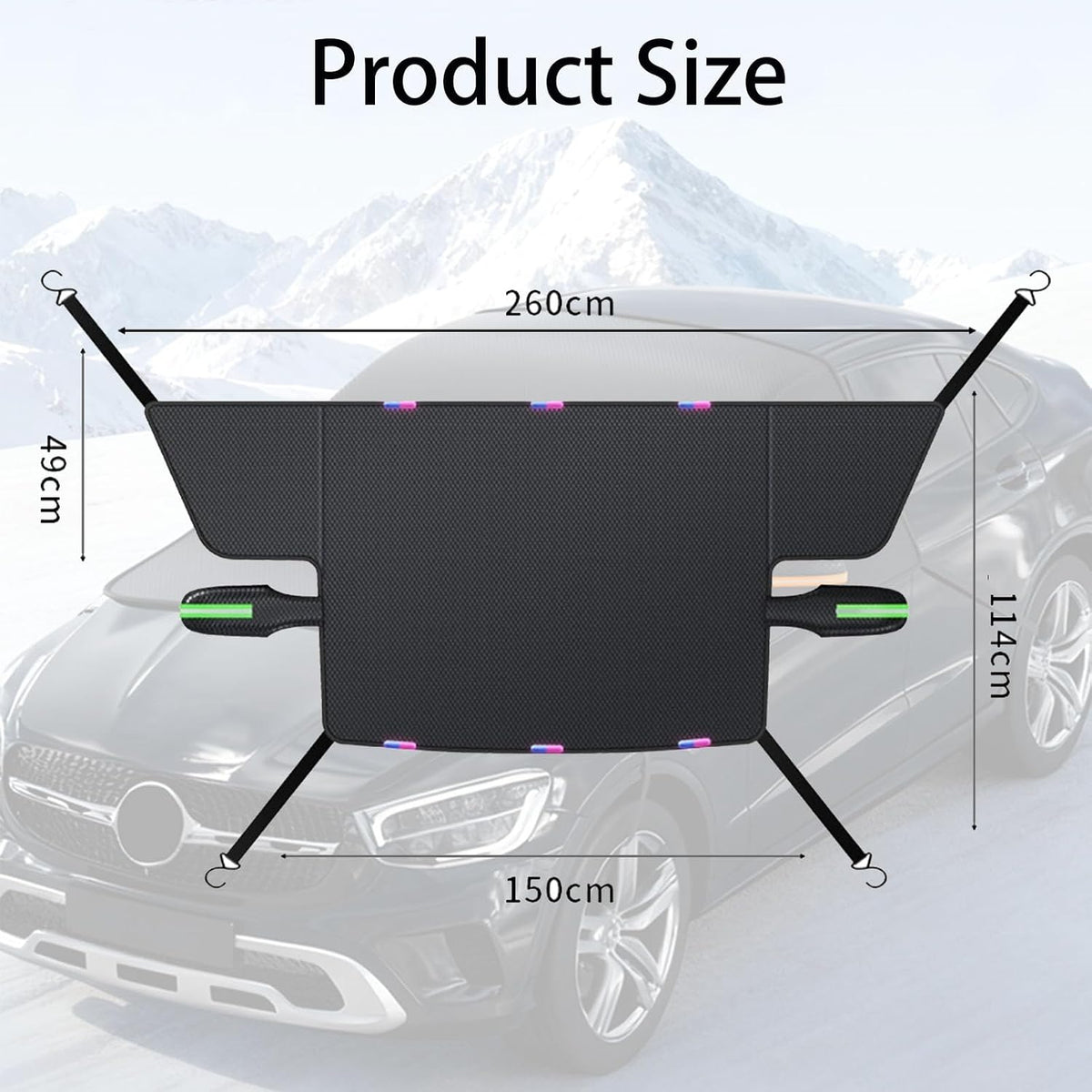 Windshield Cover for Ice and Snow, Winter Summer Sunshade with Thickened 600D Oxford Fabric, Universal Car Frost Shield Snow Cover Windshield Protector Green Earmuffs with Four Straps