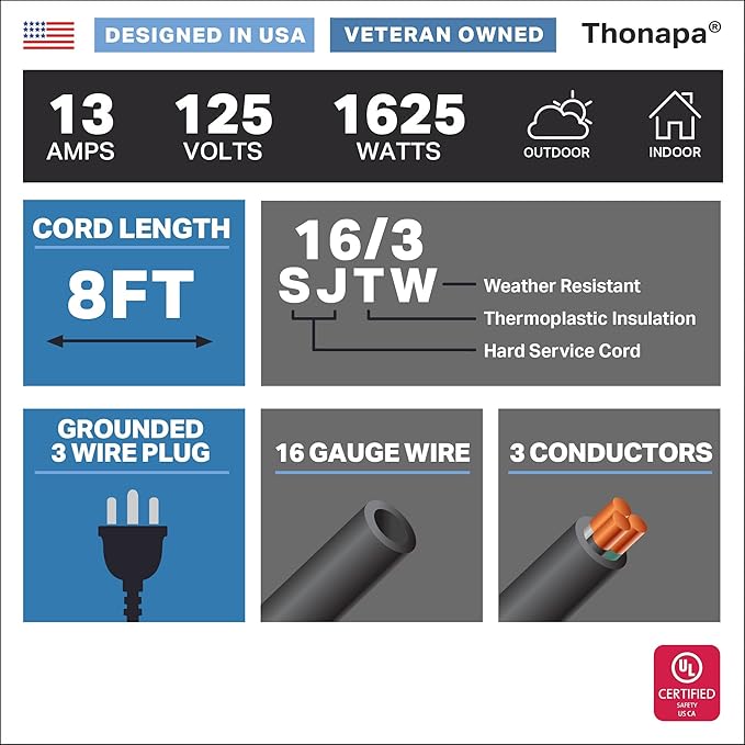 Thonapa 13 Amp Outdoor Extension Cord 8 ft, 2 Pack, 16/3 SJTW 8 Foot Black Extension Cord 3 Prong Multi Pack, Weatherproof ExteriorPower Cable for Outdoor Lights, Landscaping, Lawn, UL Certified