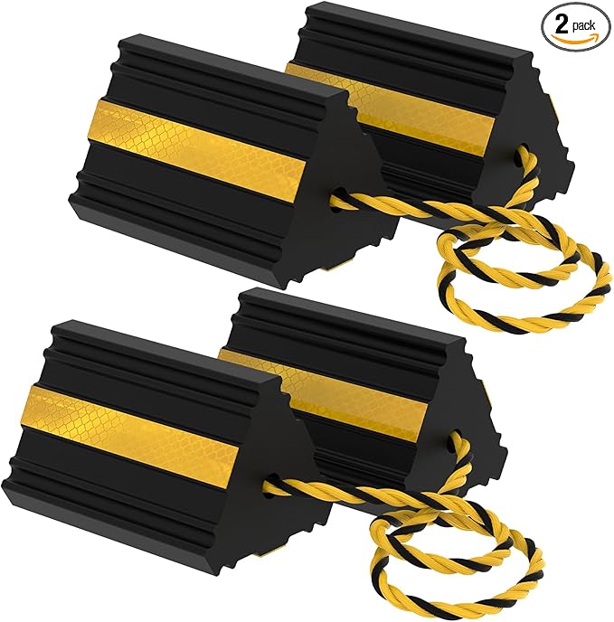 Okllen 2pair/4pack Wheel Chocks with Rope for RV Truck Trailer Camper Car, Heavy Duty Rubber Tire Chocks Blocks with 3 Reflective Strips, Anti-Roll Immobilizer Blocks