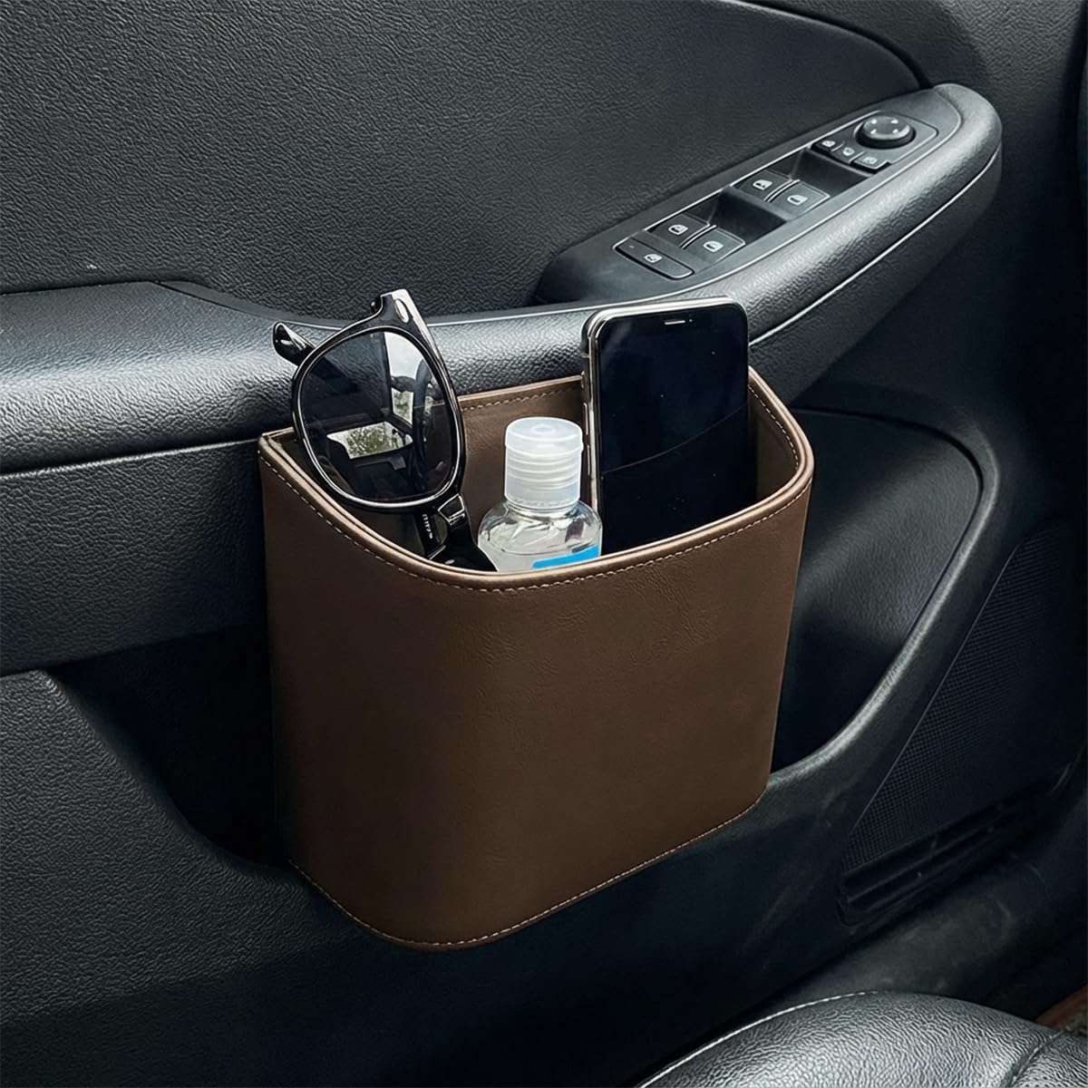 Leather Car Trash Can, Clip on Small Car Garbage Can, Waterproof Leakproof Back Seat Trash Bin, Multifunctional Vehicle Storage Organizer for Trucks, SUVs (Orange)