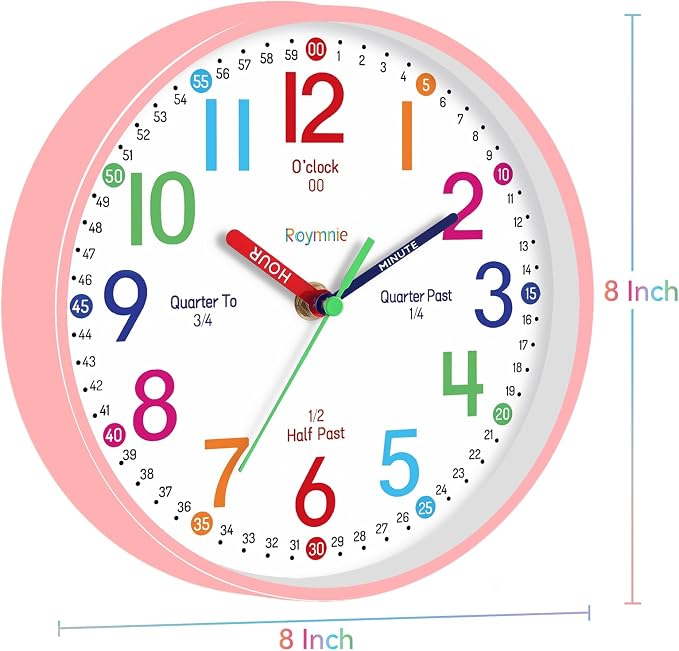 Roymnie Wall Clock 8 Inch for Kids Learning to Tell Time Easily Non Ticking