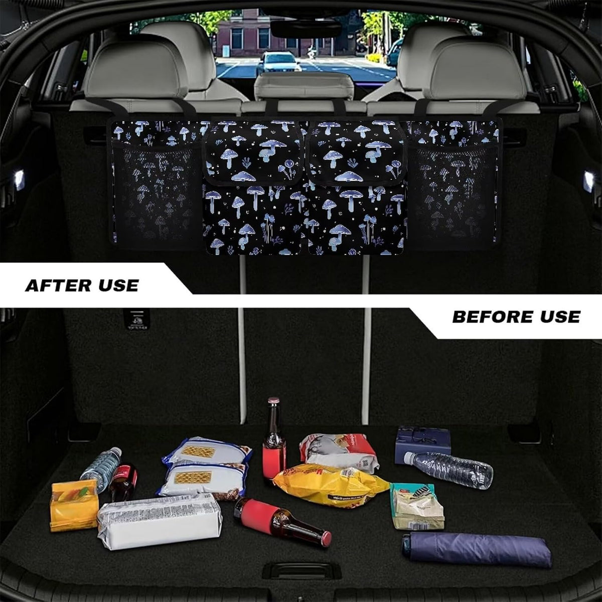 Car Trunk Organizer,Collapsible Large Capacity Auto Backseat Hanging Storage Bag with Adjustable Strap & 4 Pockets,Keep Trunk Clean and Tidy(Blue Mushroom Pattern)