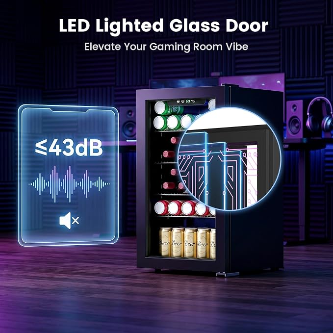 Electactic 3.2 Cu.Ft Gaming Beverage Refrigerator, LED Lighted Glass Door Compact Space-Saving, Adjustable Temperature Wine Cooler for Gaming Room