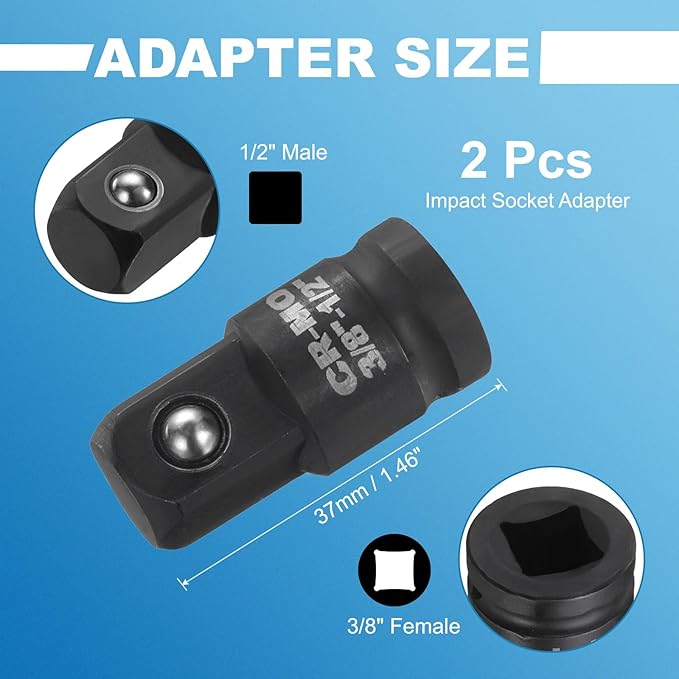 HARFINGTON 2pcs Impact Socket Adapter 3/8" Female to 1/2" Male Square Drive Increaser Standard SAE CR-MO Steel Converter Impact Driver Ratchet Wrench Breaker Bar Conversion, Black