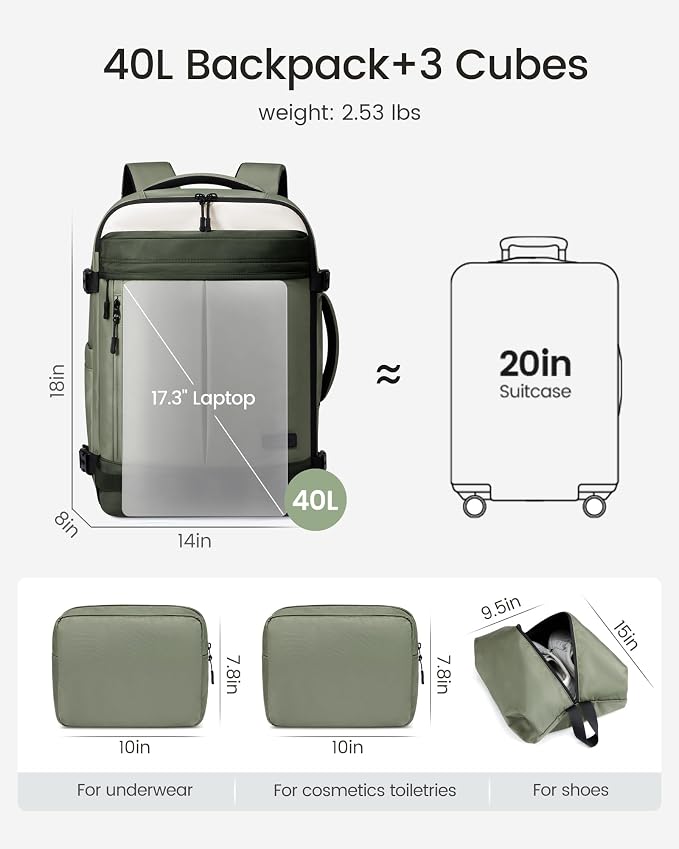 LOVEVOOK 40L Travel Backpack for Women Men, Airline Approved Carry On Luggage