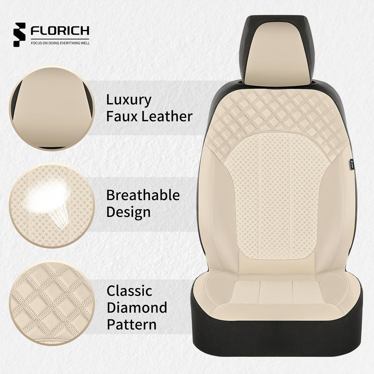 FLORICH Front Seat Covers Leather & Mesh Automotive Seat Protectors 2 Pack Breathable Car Seat Cover Spill-Proof Auto Seat Covers Cushion Universal Fit for Most Car SUV Sedan Truck, Beige