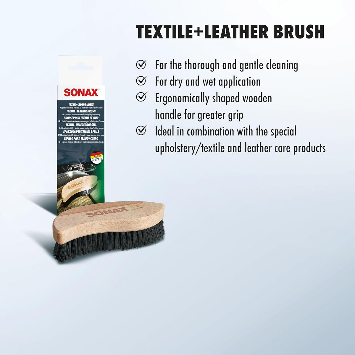 SONAX Textile & Leather Brush | Professional Interior Cleaning Brush for Fabric Upholstery Alcantara & Leather Surfaces | Durable, Ergonomic Car Detailing Tool | 416741