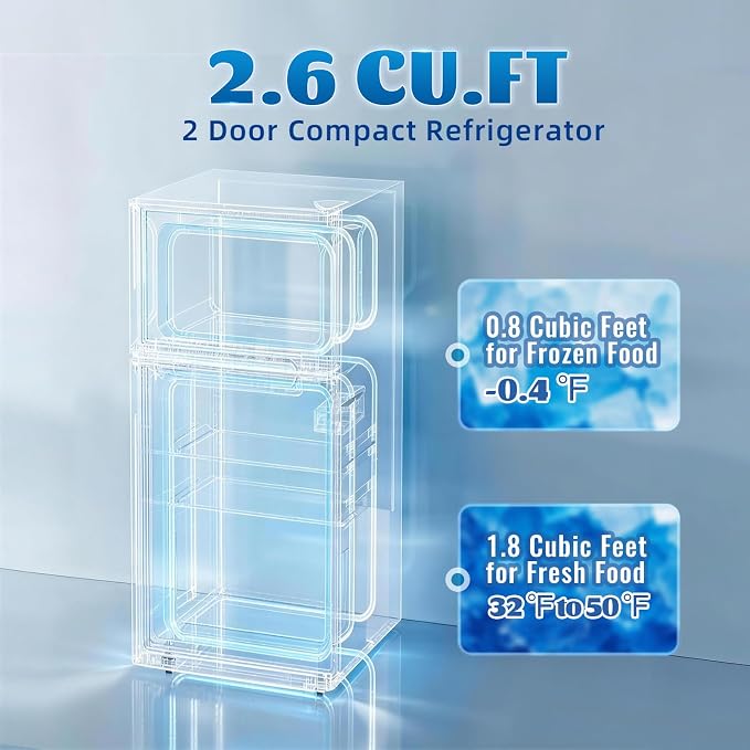 Mini Fridge with Freezer Ample Capacity 2.6 Cubic Feet Small Refrigerator with Top Freezer & 7 Adjustable Temperature 2 Door Small Fridge for Office, Dorm, Bedroom Silver