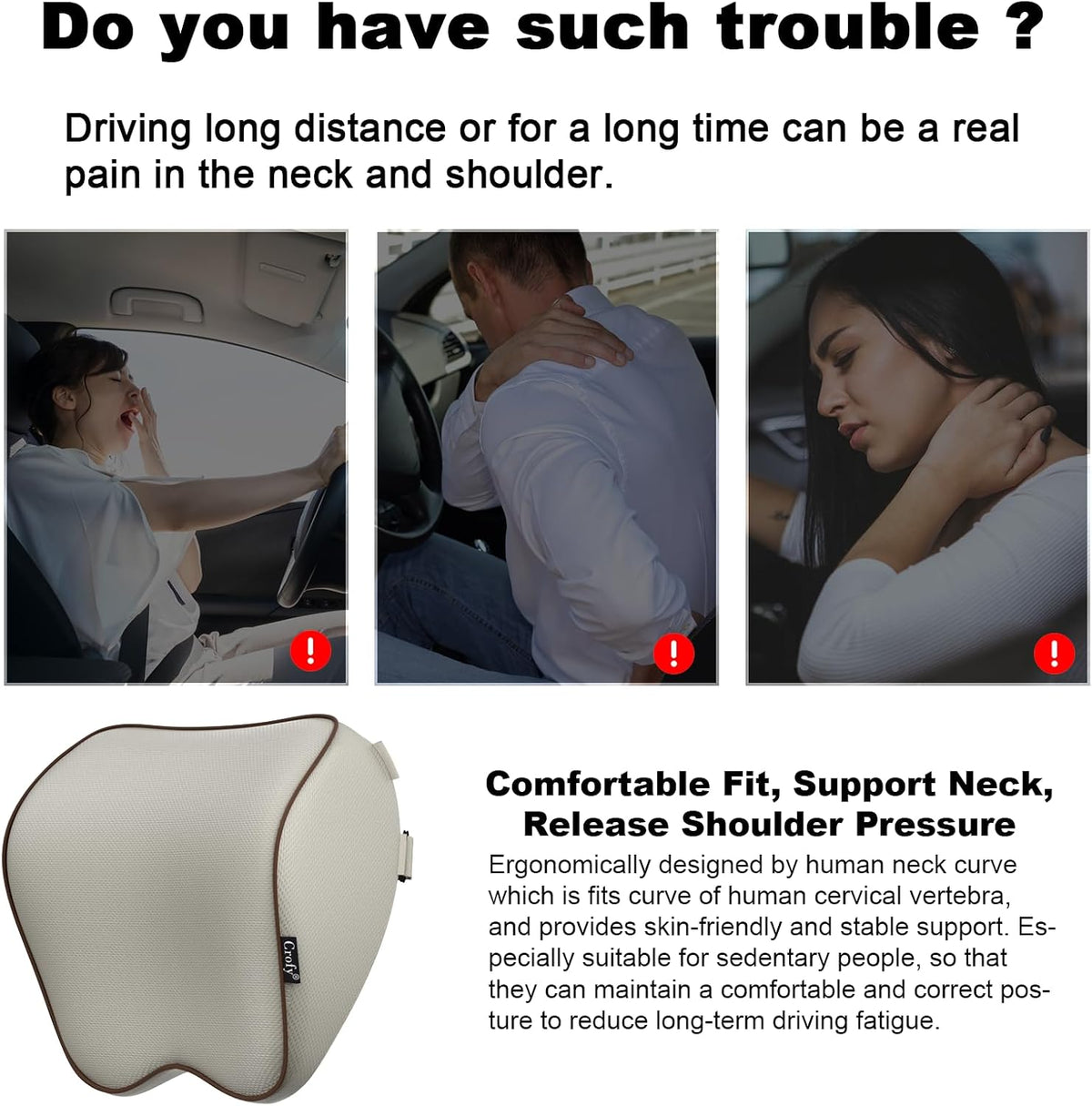 Crofy 2-Pack Car Neck Pillow, Headrest Pillow with Adjustable Strap, Gray | Soft Memory Foam; Ergonomic Design Fits Most Car & Office Chairs; Breathable Removable Pillow Cover Is Machine Washable