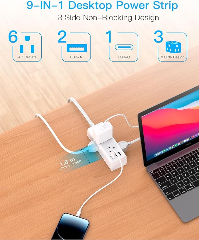 15Ft Extension Cord with Multiple Outlets, Flat Plug Power Strip Surge Protector with 15 Ft Long Cord, 6 Outlet 3 USB Ports (1 USB C), Multi Outlet Wall Plug for Travel, College, Dorm Room Essentials