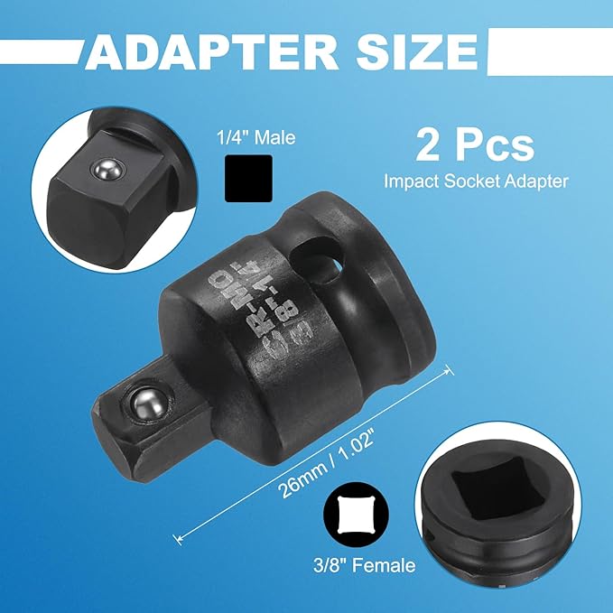 HARFINGTON 2pcs Impact Socket Adapter 3/8" Female to 1/4" Male Square Drive Reducer Standard SAE CR-MO Steel Converter Impact Driver Ratchet Wrench Breaker Bar Conversion, Black