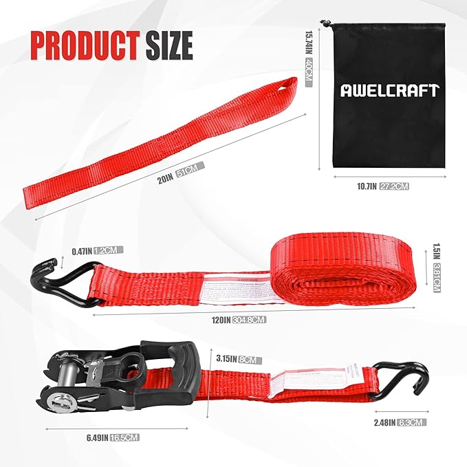 AWELCRAFT Ratchet Straps(4 Pack),3300lb Breaking Strength,1.5in×10ft Heavy Duty Tie Down Ratcheting with Padded Handles,Double J Hooks & 4 Soft Loops for Trailer,Trucks,Motorcycle(Red)