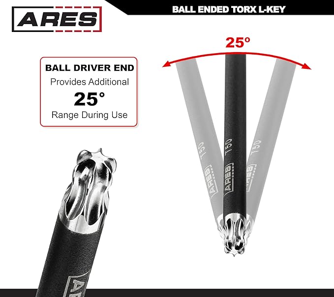 ARES 70257 - Extra Long Ball End Torx L-Key Set - 9-Piece Set Includes Sizes T10-T50 - Anti-Slip Textured Black Coating & Premium S2 Steel Construction - Storage Case Included