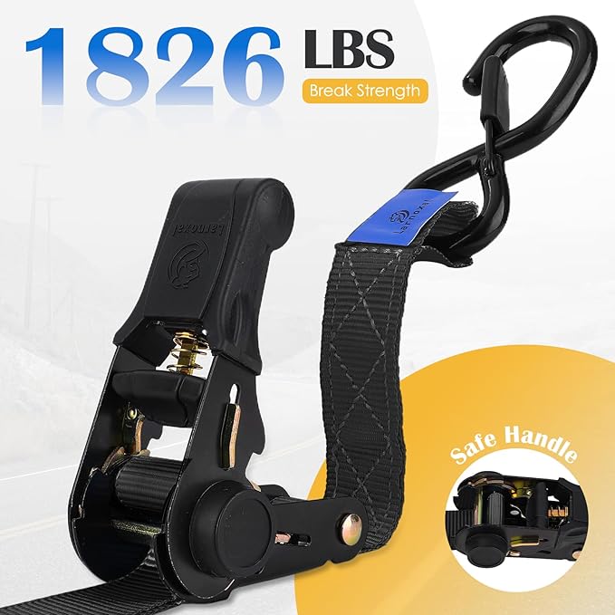 Ratchet Straps 4 Pack - 1,826 Lbs Break Strength 1 in x 15 Ft Medium Duty Ratchet Tie Down Straps with S Hooks Set for Truck, Cargo Van, Trailer, Motorcycle (Black)