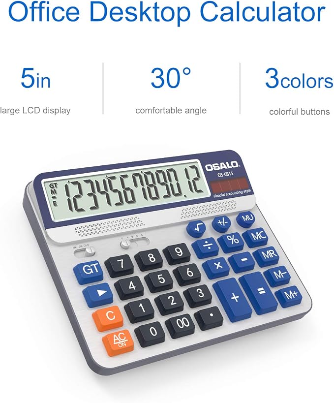 Desktop Calculator Extra Large 5-Inch LCD Display 12-Digit Big Number