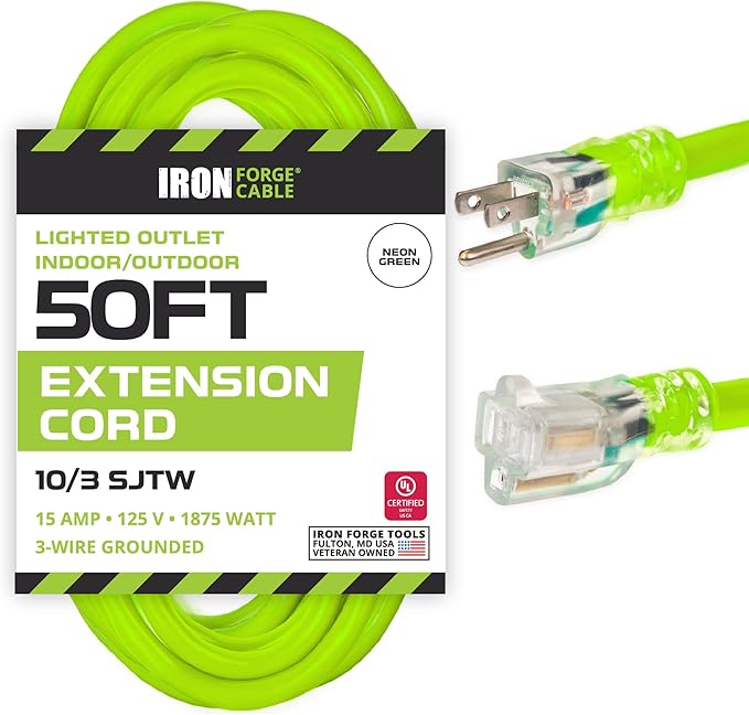 Iron Forge Cable 10 Gauge Extension Cord 50 ft, 10/3 Heavy Duty Extension Cord 50 Foot 3 Prong Lighted End, SJTW Light Green Outdoor Power Cable for Major Appliances, 15 AMP - US Veteran Owned