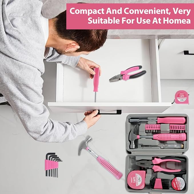 24pcs Small Tool Kit, Pink Mini Tool Kit for Women, Multi-Purpose Home Hand Tool Set with Case, Basic Household Tool Kit for College, Dorm, Office, Garage