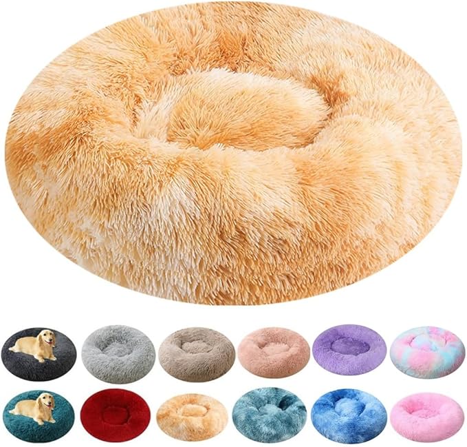 Large Calming Dog Bed, 47 Inch Anti-Anxiety Donut Dog Cuddler Cat Bed, Warming Cozy Soft Dogs Round Bed, Fluffy Faux Fur Machine Washable Pet Cushion for Medium Large Dogs & Cats (Yellow White)