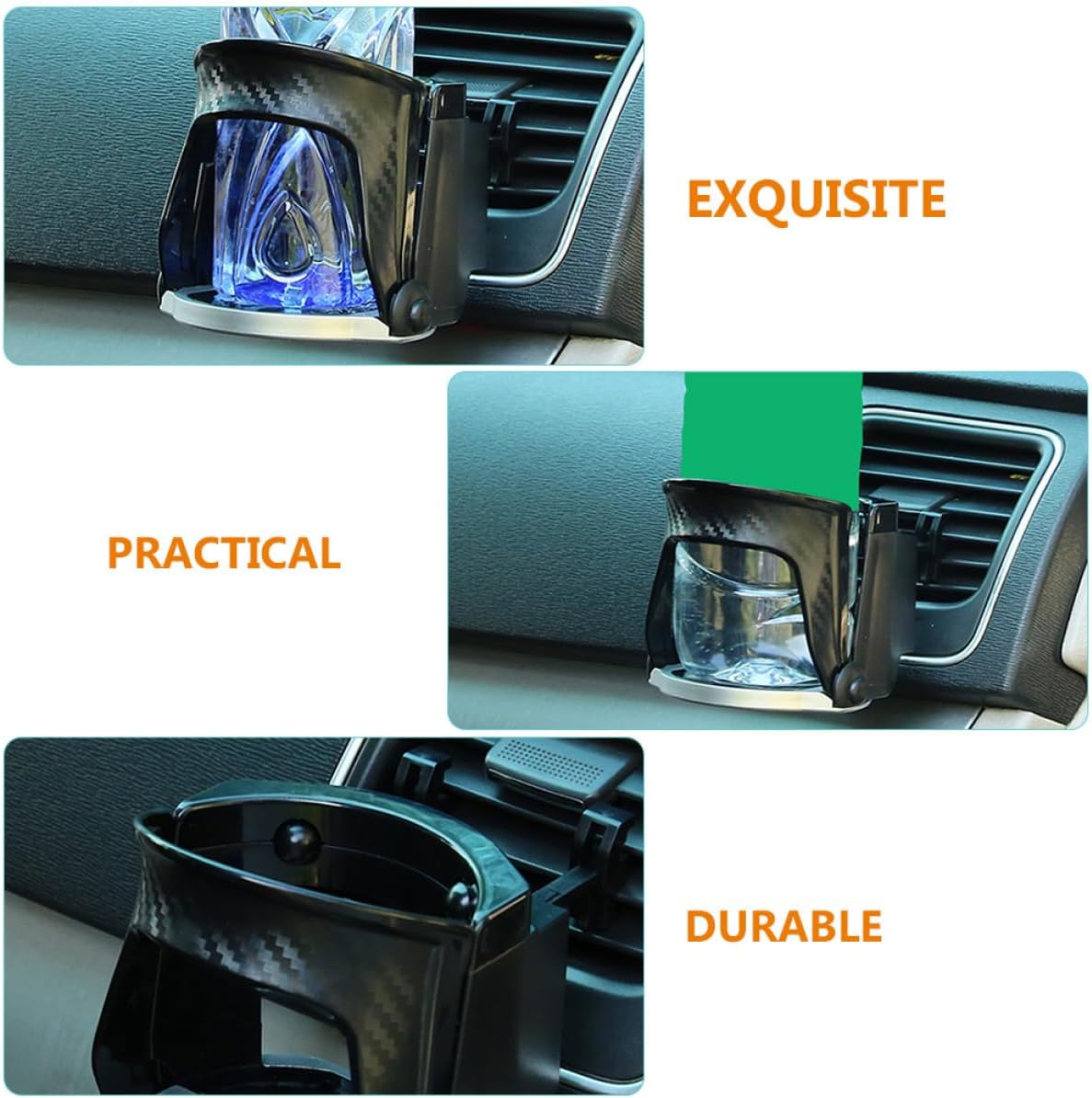 Car Air Vent Cup Holder with Carbon Fiber Finish, Multi-Functional Drink Holder Mount for Water Bottles and Phones, Clip-On Car Accessory for Vehicle Interior Organization