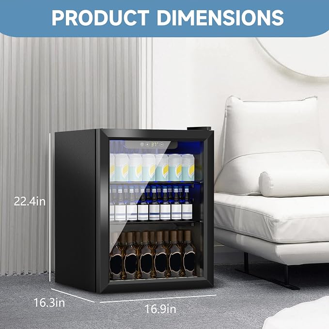 Stopasd Compact Beverage Refrigerator, 1.6 Cu.Ft/70 Can Drink Fridge, with Glass Door, Adjustable Shelves & Digital Display, Quiet Undercounter Small Fridge for Home/Office/Bar/Garage, Black