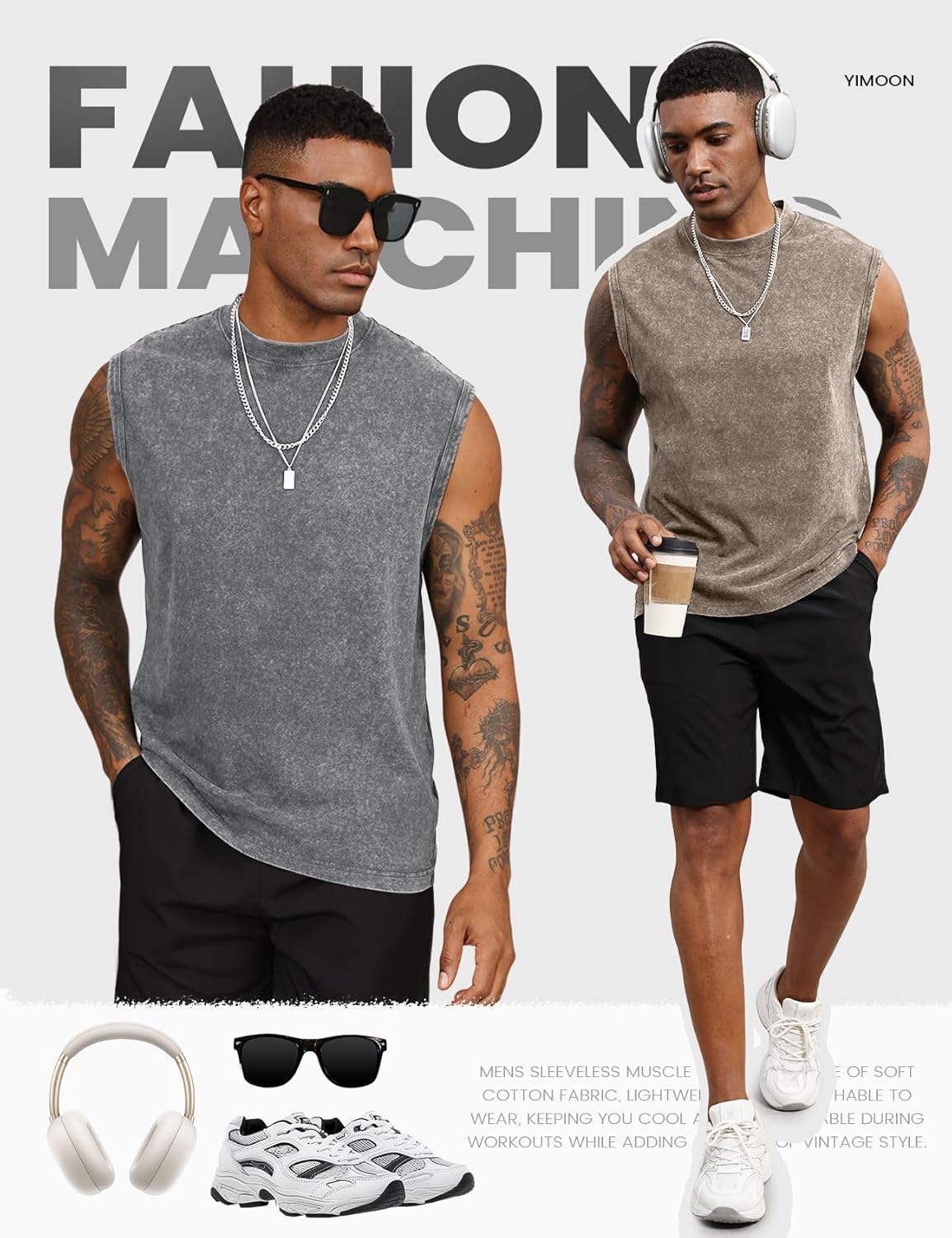 Yimoon Men's Workout Tank Tops - Sleeveless Cotton Acid Wash Gym Shirts | Loose Fit Muscle Tees