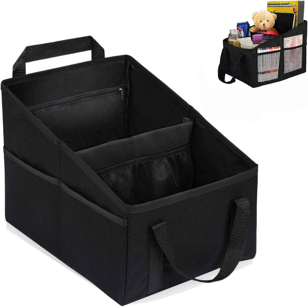 BLIRITEL Car Seat Organizer for Front & Back Seat, Passenger Seat Organizer, Small Car Seat Storage Caddy for kids & Adult with Divide, Handles and Multiple Mesh Pockets (Black)