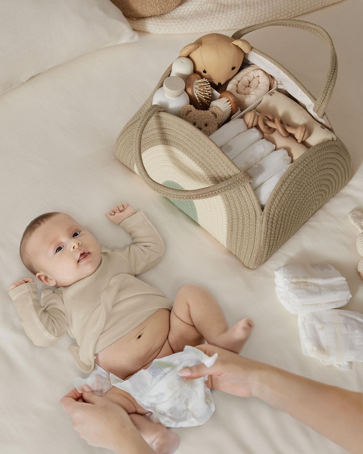 Blissful Diary Baby Diaper Caddy Organizer, Cotton Rope Diaper Caddy Basket, Large Storage Basket for Newborn Boys and Girls, Gift for Baby Shower List, Newborn Essentials, Natural Rainbow