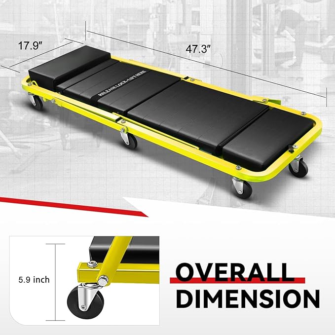 Auto Dynasty 48" Z-Creeper Seat, 2-in-1 Foldable Garage Rolling Creeper Shop Seat, 330 LBS Capacity Automotive Mechanic Under Car Repair Tool, Yellow
