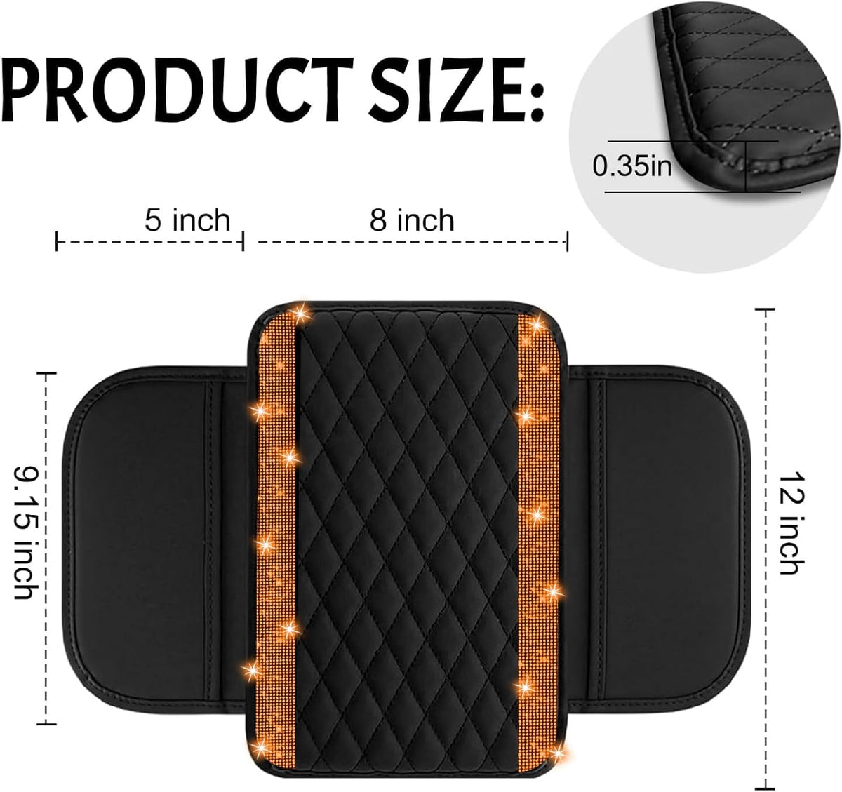NBTEPEM Bling Car Center Console Cover, Leather Car Arm Rest Cover Cushion with 2 Storage Bags, Middle Console Cover Universal Armrest Protector Pads, Bling Accessories for Most Vehicles (Orange)