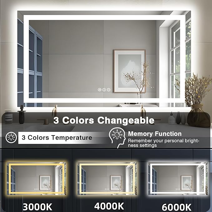 55"x30" LED Bathroom Mirrors for Wall, Front and Backlit Mirror, Anti-Fog Vanity Mirror with Lights, Stepless 3 Colors Dimmable Lighted Mirror(Horizontal/Vertical)