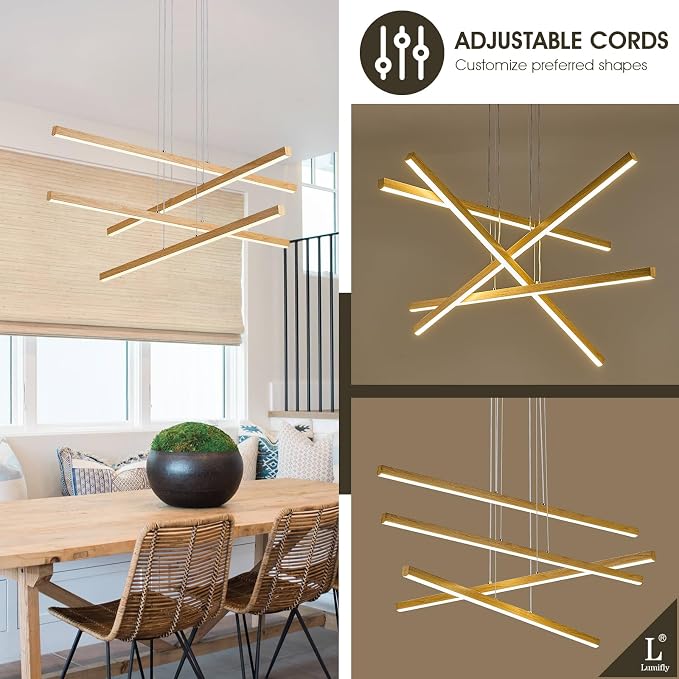 Linear Pendant Light Mdoern LED Chandelier 32" Boho Oak Wood Painted Ceiling