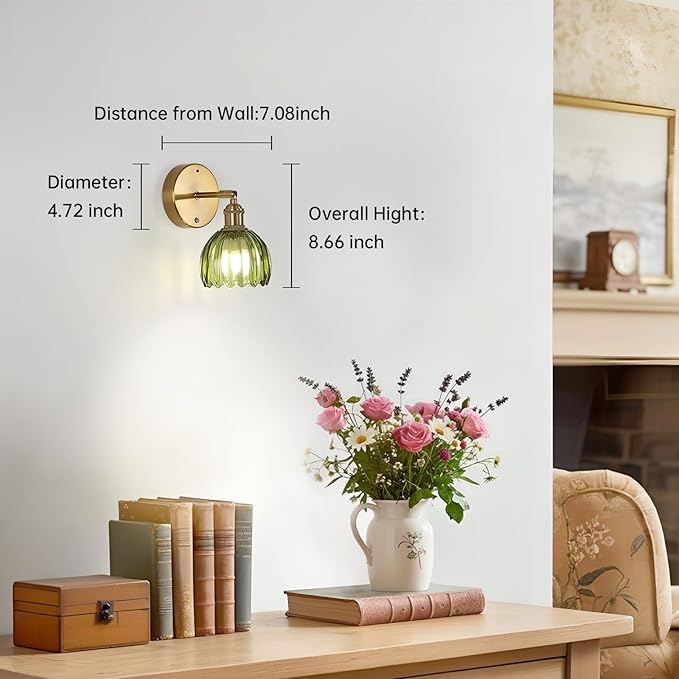Battery Operated Vintage Wall Sconces with Green Tulip Glass Lampshade Battery Powered Wall Lighting for Bedside Bedroom Doorway, Set of 2