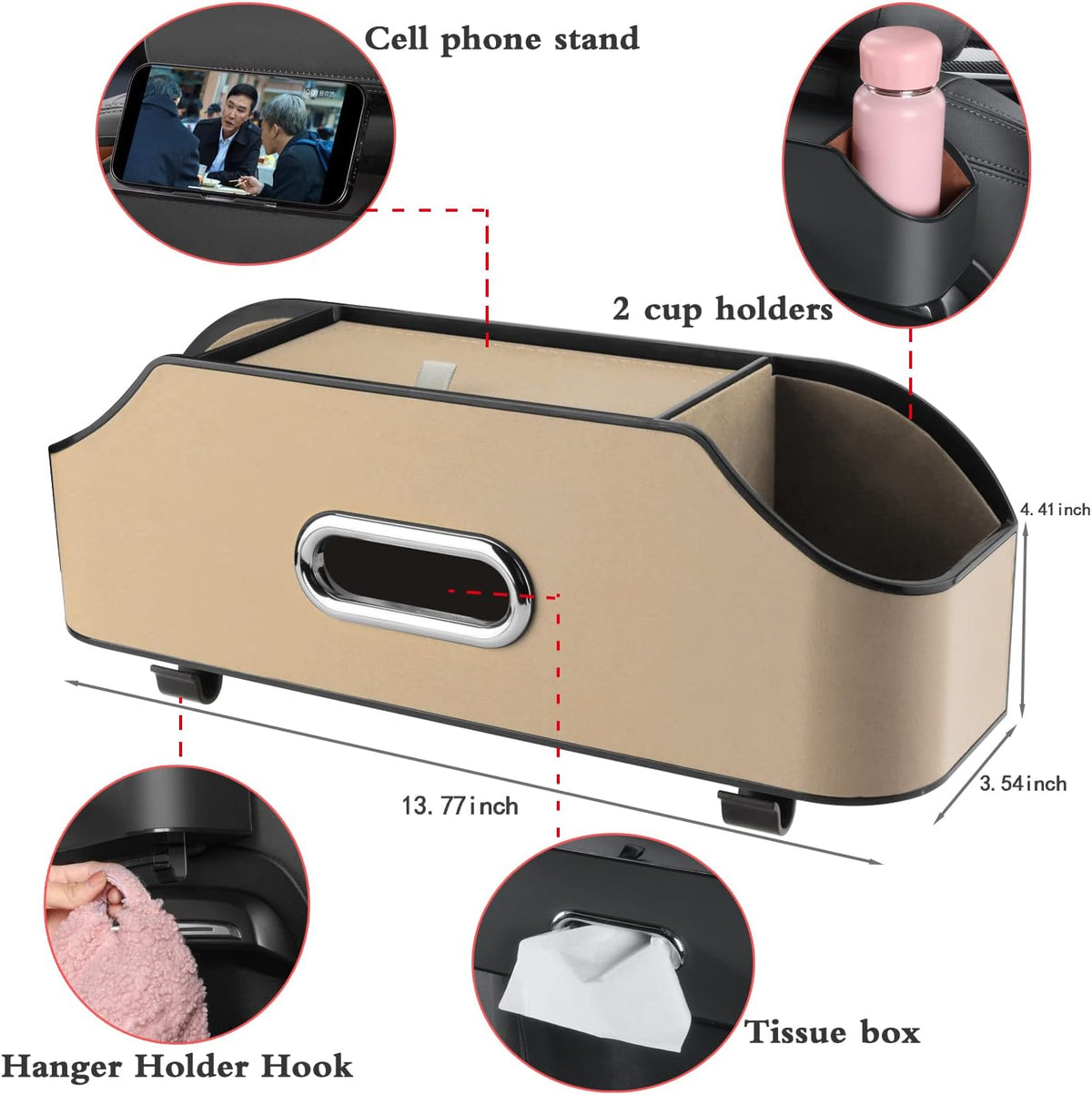 HOLDCY Car Back Seat Organizer with 2 Drink Cup Holder - Tissue Box and Storage Box Hook - Multi-functional Storage - Great for Kids and Travel (Beige)