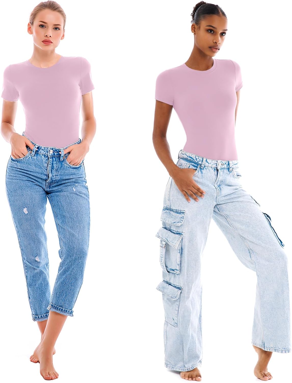 Walifrey Short Sleeve Bodysuit - Women's Round Neck Basic Stretchy T-Shirt Top | Comfortable Fit
