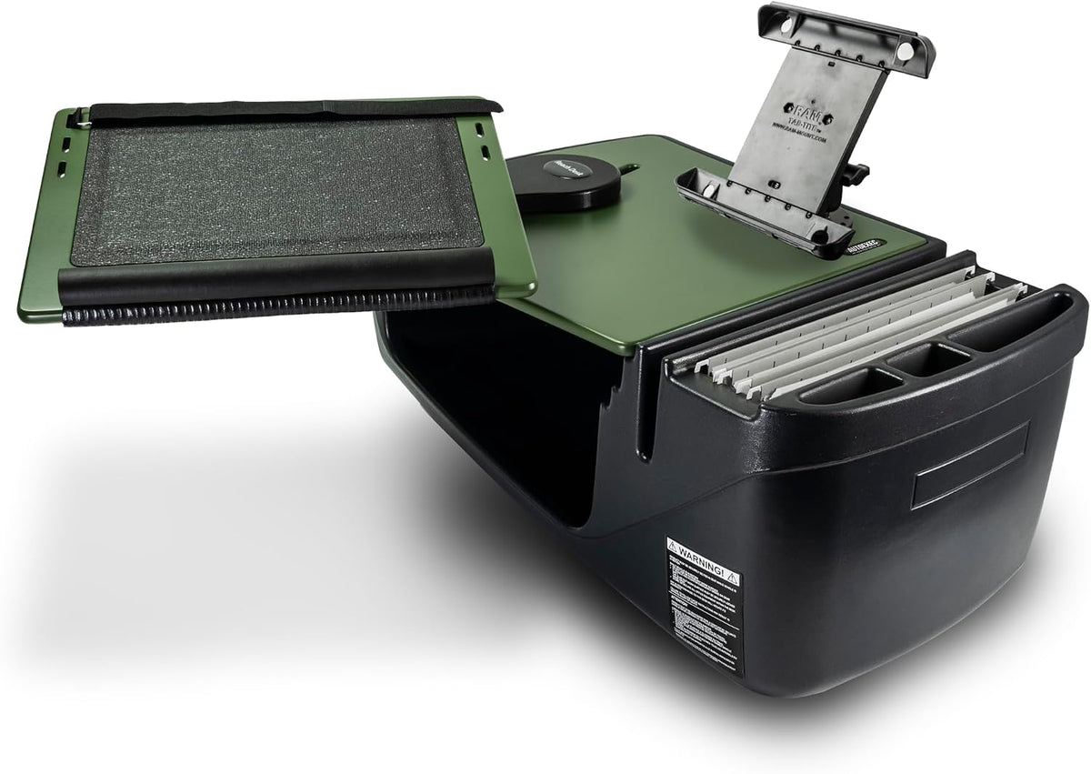 AutoExec Reach Car Desk for Your Vehicle Workstation and Mobile Office, Front Seat Army Green with Tablet Mount