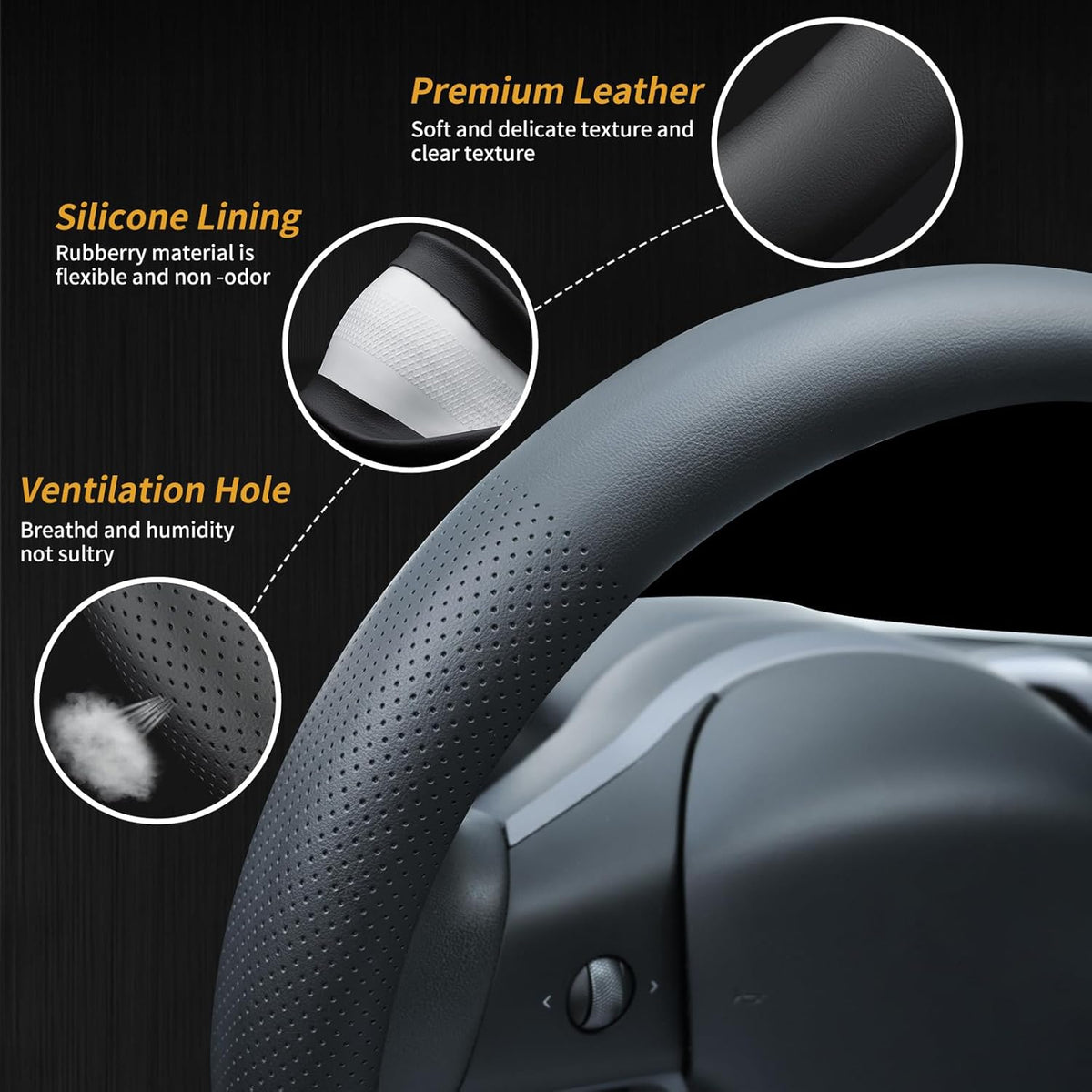 Uxcer Nappa Leather Steering Wheel Cover Compatible with Tesla Model 3/Y 2016-2025 2026 Juniper/Highland, Non-Slip Breathable Model 3/Y Steering Wheel Protector, Black