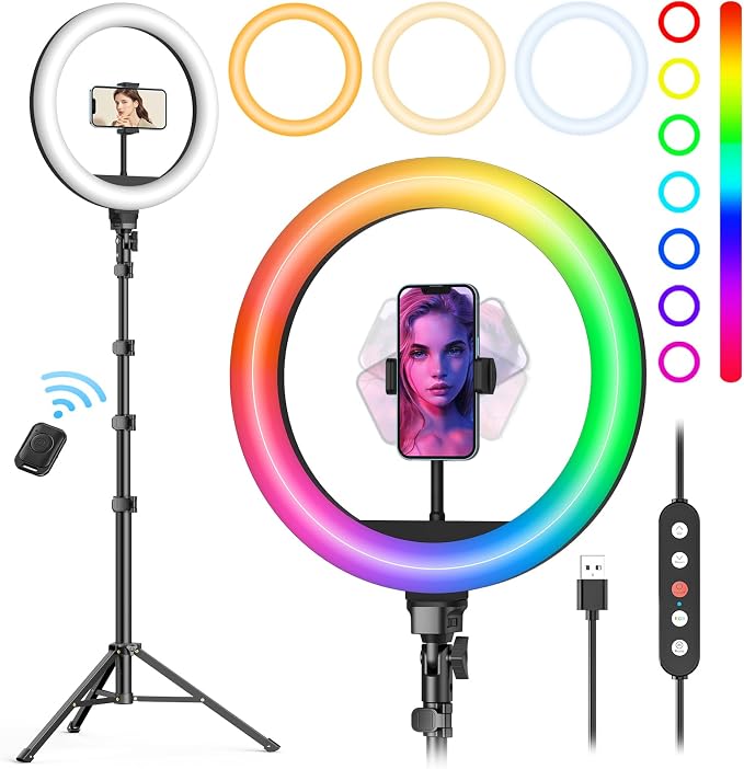 Weilisi 12'' Ring Light with Stand 72'' Tall & 2 Phone Holders, 38 Color Modes