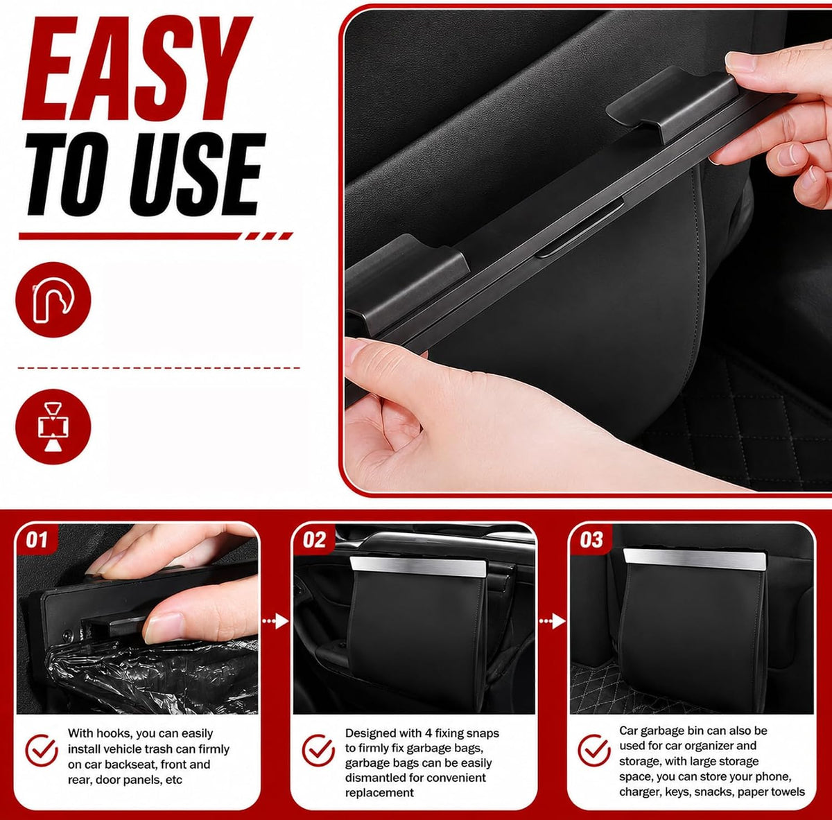 2026 New LED Car Trash Can,Leak-Proof Car Trash Bin with Automotive Trashs Bag for Organizers & Storage,Strong Magnetic Cars Garbage Can for Backseat,Console,Door