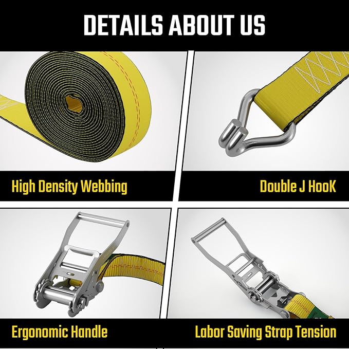 2 Inch Ratchet Straps Heavy Duty - 20ft Ratchet Tie Down Straps with J Hook - 10,000lb Break Strength Ratchet Tie Down Strap - Heavy Duty Ratchet Straps - Cargo Straps for Truck, Lawn Equipment