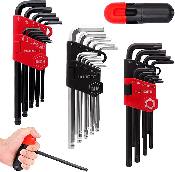 Hex Key Allen Wrench Set, 35-Piece Long Arm Inch/Metric/Torx Ball End with T-Handle, Chrome Vanadium Steel