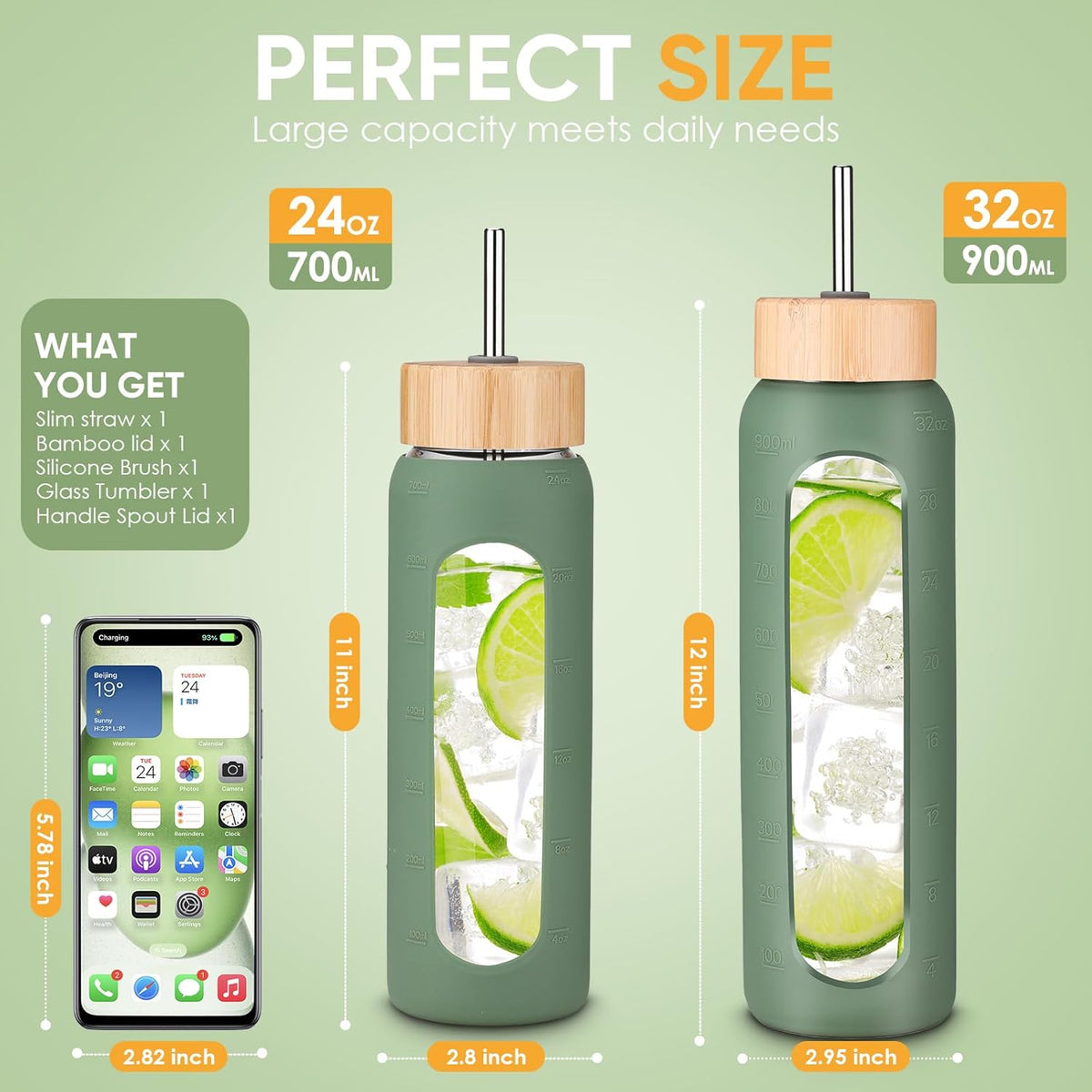 Skiennix 32 oz Glass Water Bottle - Borosilicate Tumbler with Silicone Sleeve & Bamboo Straw Lid | Leakproof, BPA-Free for Gym, Office & Travel