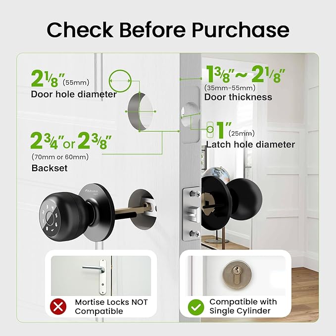 GHome Smart Fingerprint Door Lock, 4 in 1 Smart Fingerprint Door Knob with Keypad, App Control, Auto Lock, Biometric Door Knob with Lock for Bedroom, Apartment, Garage, Home & Office