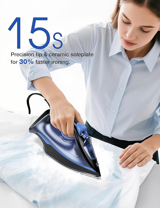 Steam Iron for Clothes, 500 Microsteam Holes, Ceramic Soleplate, 3-Way Auto-Off, Fast Heat-up, Burst of Steam, Precision Tip, Self-Clean, Anti-Calc, Steamer for All Fabrics